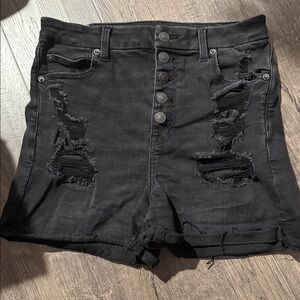American Eagle Outfitters Black High-Waist Distressed Button-Fly Shorts